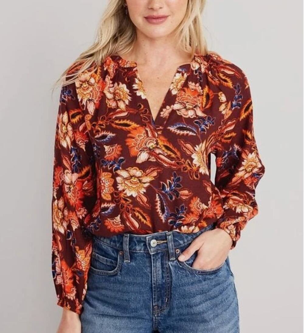 Old Navy Burgundy Floral Split Neck Blouse Sleeve Boho Fall Top Large Tall